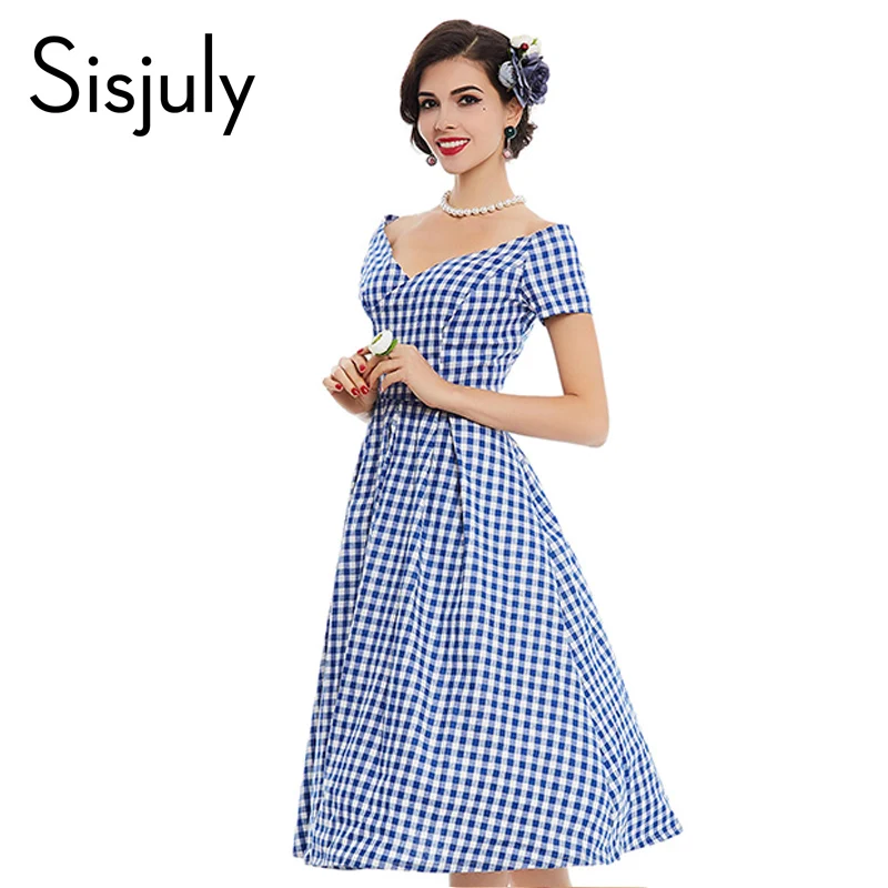 Buy Cheap Sisjuly vintage dress 1950s style spring summer rockabilly women party plaid dress 2017 summer elegant female vintage dresses