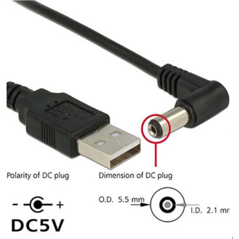 Угол 90 ° портативных ПК USB мужчина до 5V DC 5,5 мм x 2,1 мм Цилиндрический разъем Мощность кабель