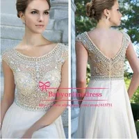 Women\'s Evening Gowns With Short Sleeves See Through Crystal Beaded Chiffon A Line Long Prom Dresses 2014 Fast Shipping Jov88174