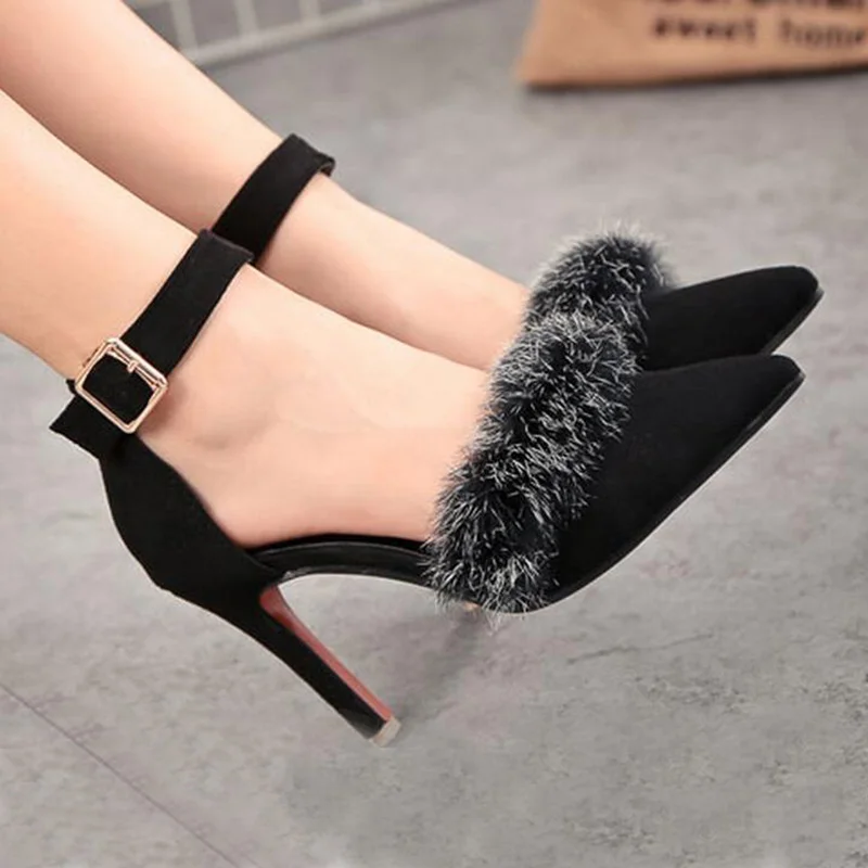 2015 Spring New Red Bottom font b Women s b font Pumps Rabbit Fur Pointed High