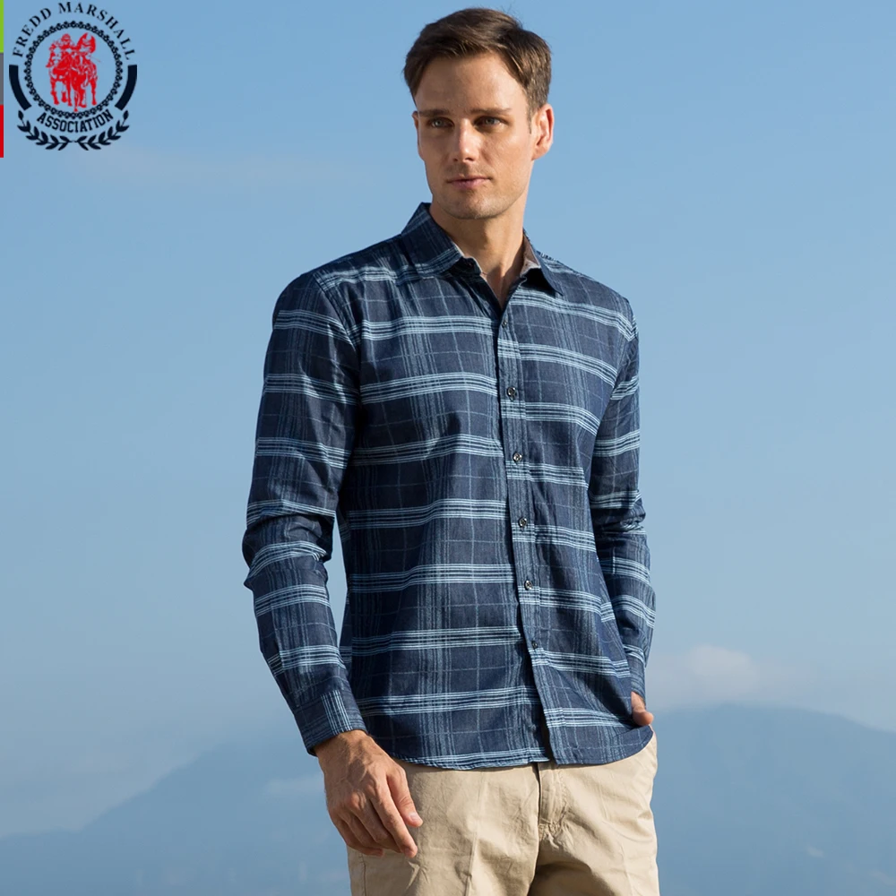 Fredd Marshall New Blue Plaid Shirts Men Long Sleeve Leisure Denim Shirt Male Business Dress