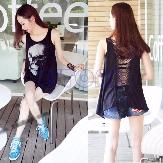 2018 newest 1 PC Gothic Skull Backless T Shirt Tank Vnewest Punk Rock Summer Singlet Tassel 1