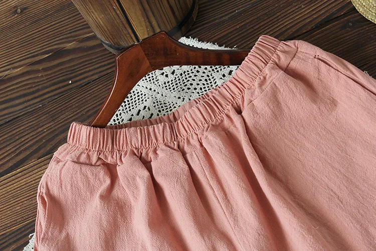 Летние новые литературные Ретро эластичный пояс вышивка хлопок повседневные штаны семь очков брюки белый розовый