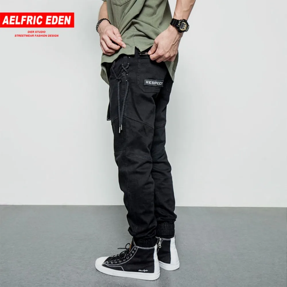 Aelfric Eden Belt Pants Men Black Feet Cargo Pants Side Weave Spliced