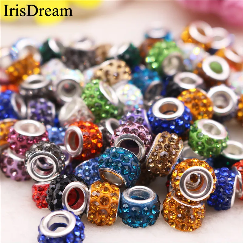 

New 10Pcs Lot Mixed Colorful Big Hole CZ Rhinestone Crystal Glass Beads Fit DIY Pandora Charms Bracelet For DIY Jewelry Making