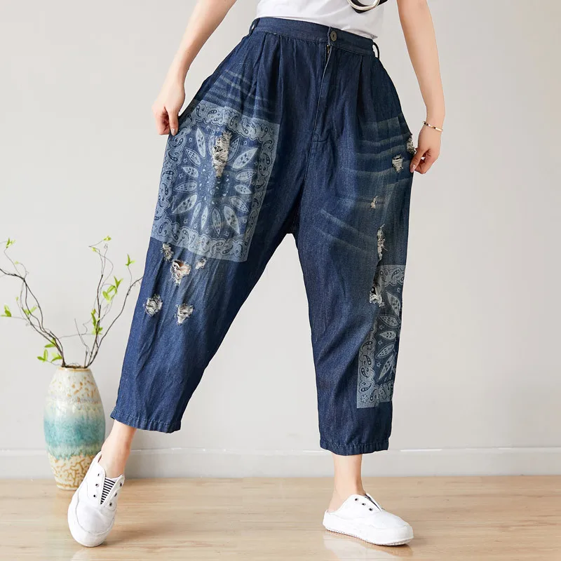 

Wide leg Harem Jeans Women BF Style Streetwear Cowboy Joggers Pants Elasitc Waist Ripped baggy Denim Trousers Mezclilla Mujer