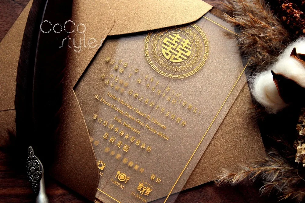  unique clear acrylic invitation card with gold shimmy engraving and matching envelope for luxury we - 32862519474