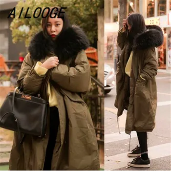 

AILOOGE 2017 Winter Coat Women Large Fur Collar Hooded Long Jacket Thicken Warm Korean Padded Parkas Oversized Military Parka
