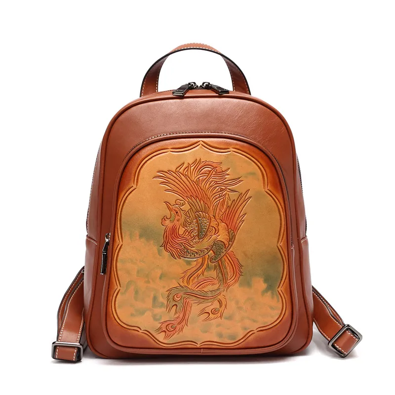 

hand carve vintage flower Women High Quality Leather Lady Backpack Handmade Luxury Back pack