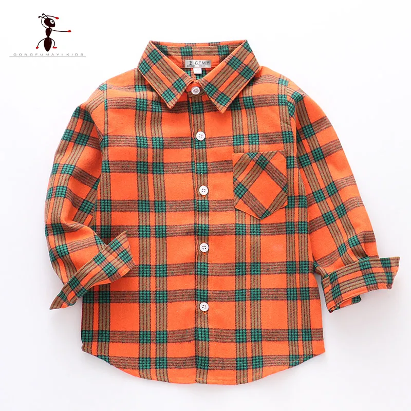  Hot Sale 100%Cotton Baby Boy Shirt Turn-down Collar Flannel Baby Blouse Tops Plaid Baby Shirts For 2-12 Years Old Kids Top 1908