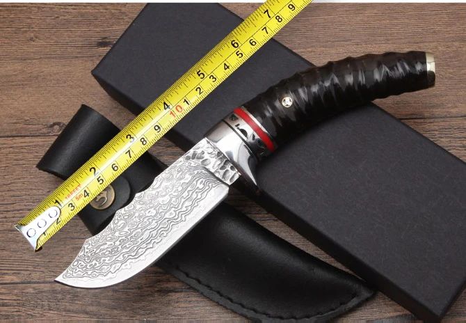 High Quality Damascus Steel Horns Handle Fixed Knives Multi Outdoor Knife Hunting Straight EDC Tools Leather Sheath | Инструменты
