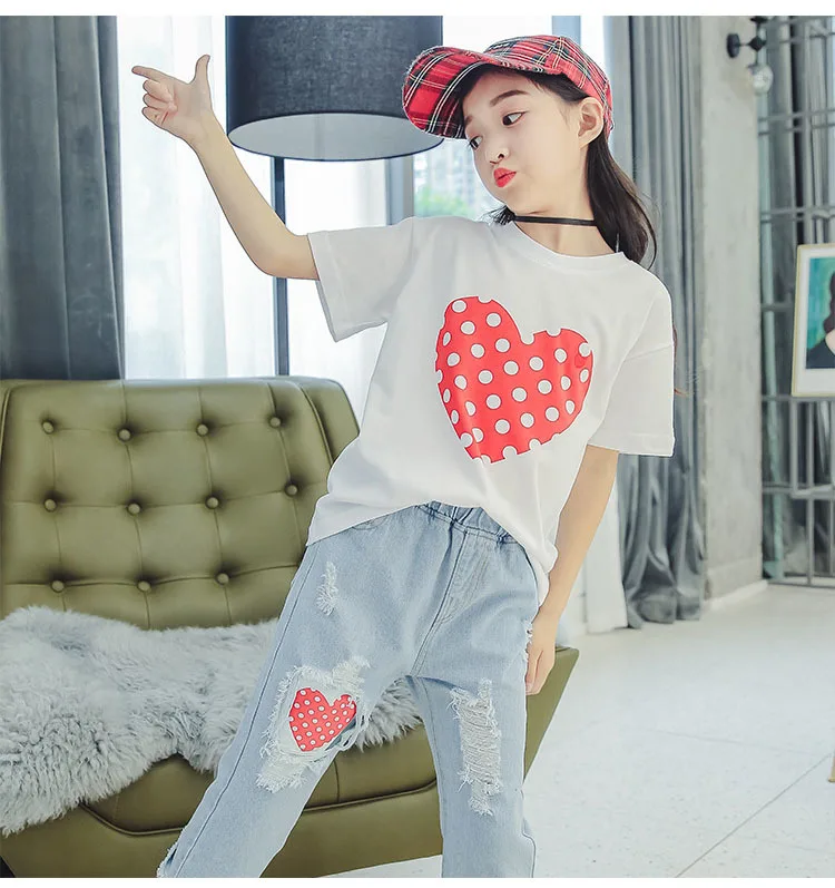 Girls T Shirts Kids  Summer Tops For Baby Girl Short Sleeve Heart Dot Cotton T-Shirt Tees 8 9 10 12 Years Big Girls Clothes (18)