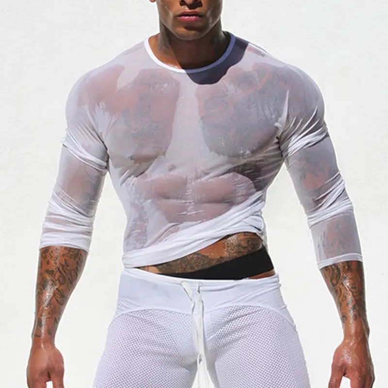 

Fashion Men's Long Sleeve Black/White Mesh Sheer T-shirt Transparent Fishnet Tee Tops