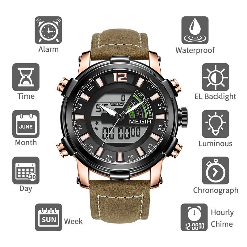 MEGIR Dual Display Men Military Sport Watches Men's Digital Analog Quartz Wrist Watch Clock Hour Re