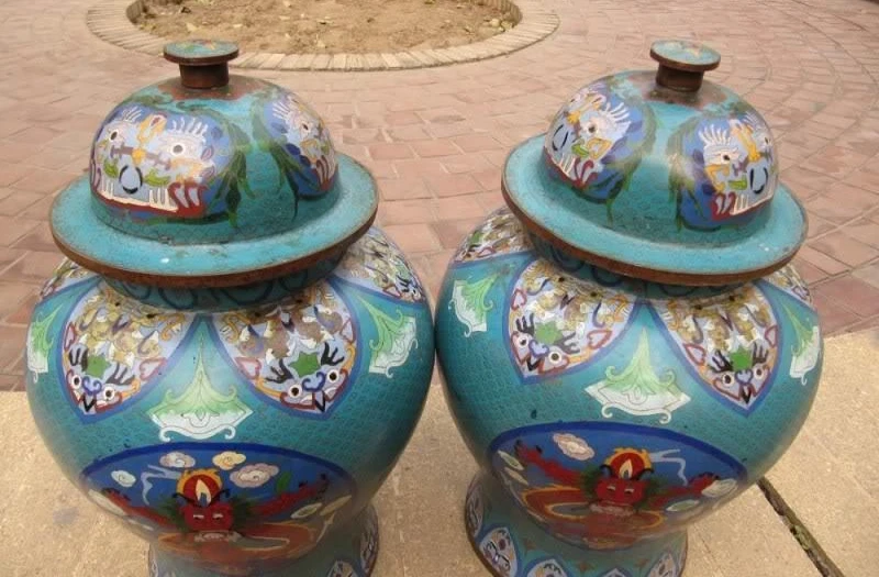 

Royal Old Copper Handwork cloisonne Two Dragon general Crock Pot jar Vase Pair