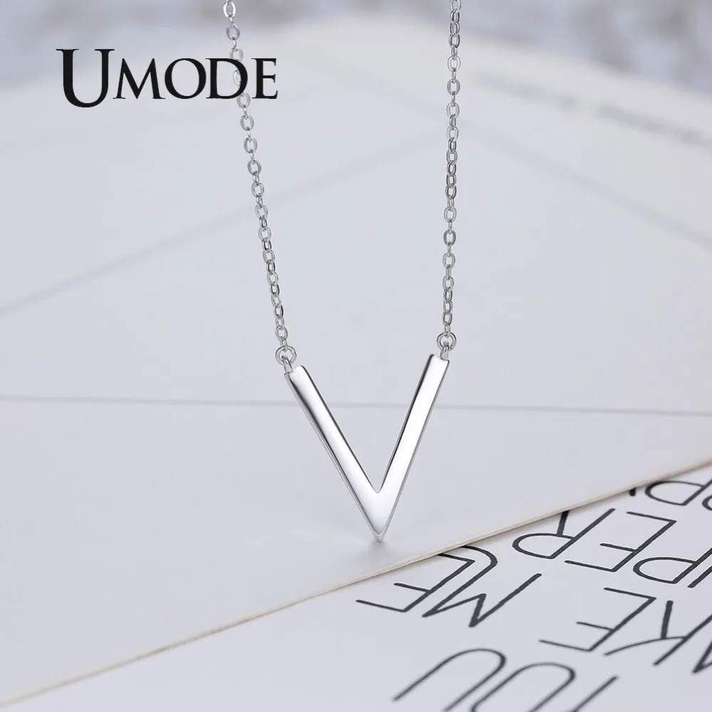 UMODE V Letter 925 Sterling Silver Chain Necklaces Pendant for Women Simple Korean Fashion Jewelry collares de moda ULN0204