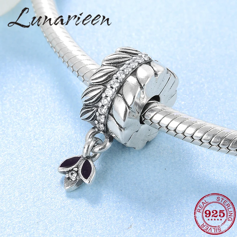 

925 Sterling Silver Wheat ears Round shape CZ clips Lock beads with leaf Fit Original Pandora Charm Bracelet Jewelry making