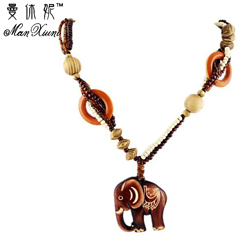 

Boho Ethnic Jewelry Long Hand Made Bead Wood Elephant Pendant Maxi Necklace For Women Wholesale Price
