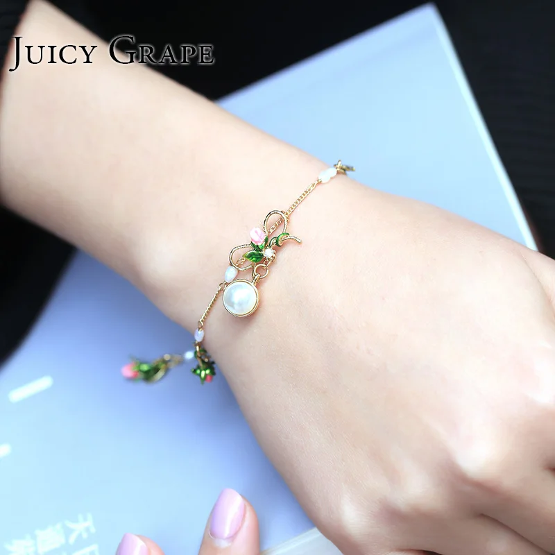 

Juicy Grape Hand Painted Flowers Simple Bowknot Fresh Pearl Enamel Glaze Bracelet Bangle Fashion Jewelry