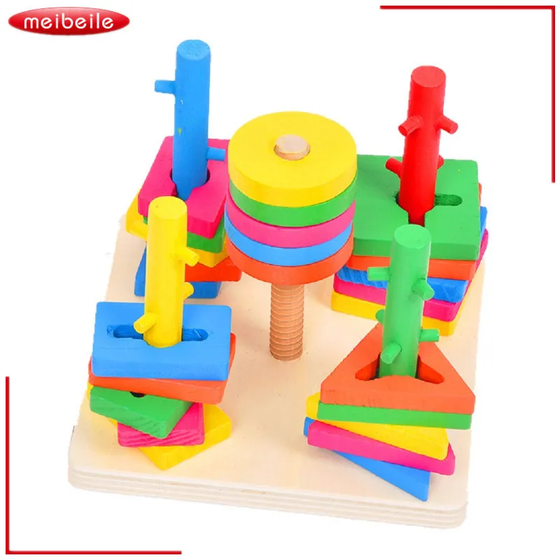 Montessori 5 pillars Topping-on Wood Train Game matching color shape block Toy