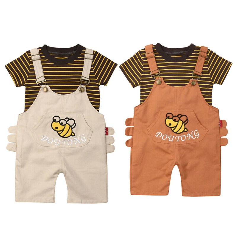 

Newest 2PCS Kids Baby Boys Girl Clothes Stripe T-Shirts Tops+Bib Pants Overalls Children Summer Casual Clothing Outfit Set 1-5Y