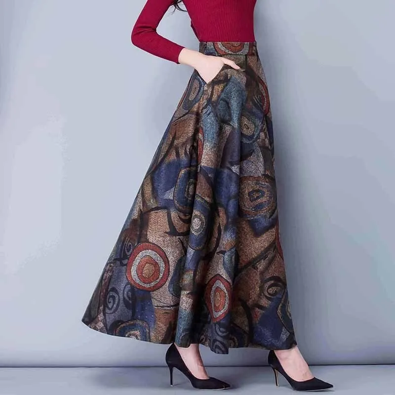 Элегантная осенне-зимняя шерстяная юбка с принтом, Женская юбка Jupe Femme, винтажная теплая шерстяная юбка с высокой талией, длинная юбка макси, C4800 - Цвет: picture color