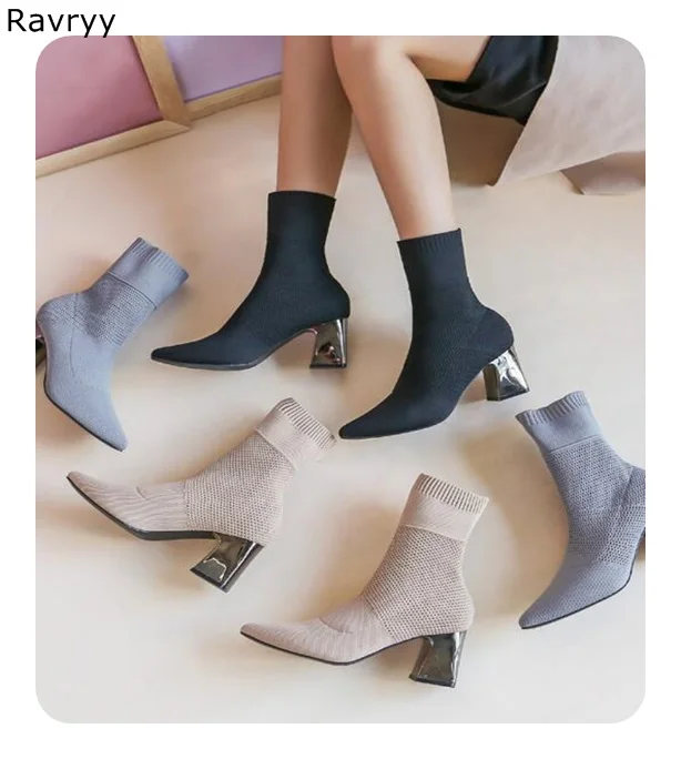 

Elastic Knitting Grey Woman's Ankle Boots hole breathable Female Short Boot Square Heel Pointed Toe Autumn Winter Fashion Shoe