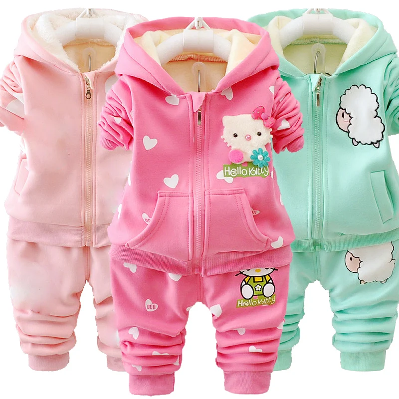 

Girls Autumn Winter Hello Kitty Hooded Set Plus Velvet jacket Sports Suit Warm Pant Floewr 2pcs Casual Outfit Baby Kids Clothing