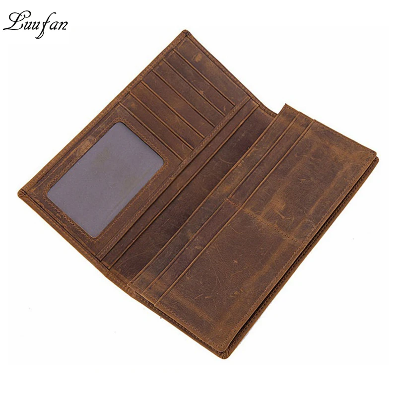 

Vintage genuine leather men wallet crazy horse leather brown bifold long wallet 11 card holder simple design men clutch purse