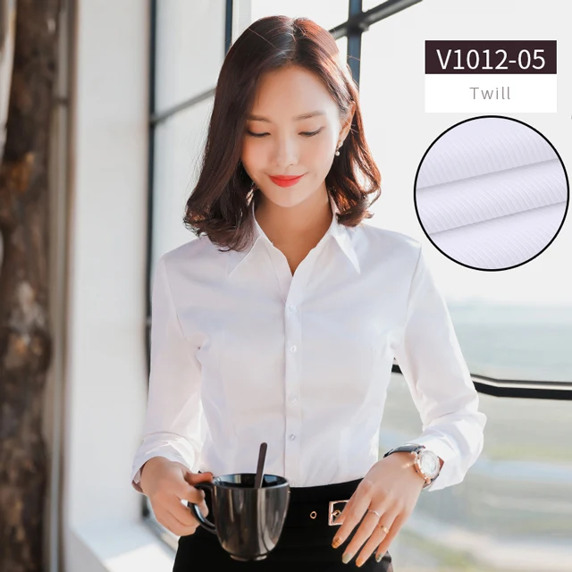 Женская блузка с длинным рукавом, рубашки в полоску/одноцветные женские офисные рубашки, белые облегающие Женские официальные блузы, топы, блузы - Цвет: V1012-05