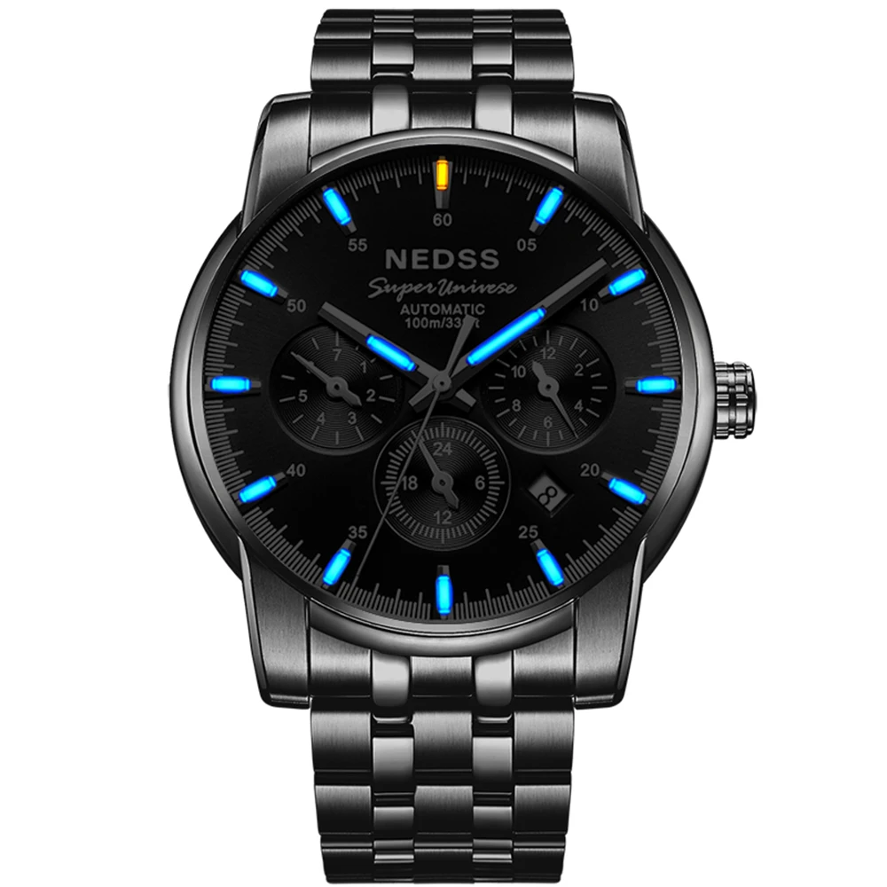 

NEDSS Swiss H3 Men Tritium Mechanical Watches Chronograph Automatic watch month Week Display Luminous 100M waterproof clock