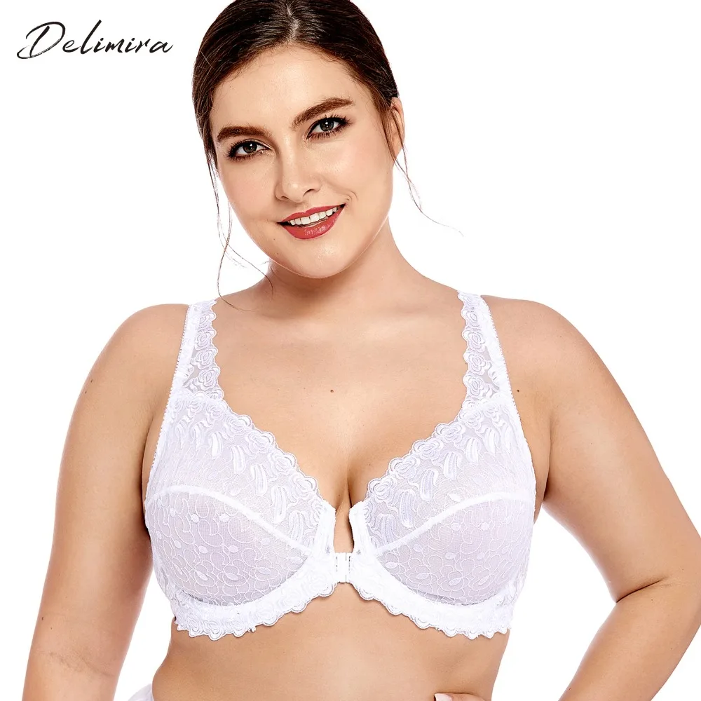  Delimira Women's Plus Size Full Coverage Support Unlined Embroidered Front Close Underwired Lace Br