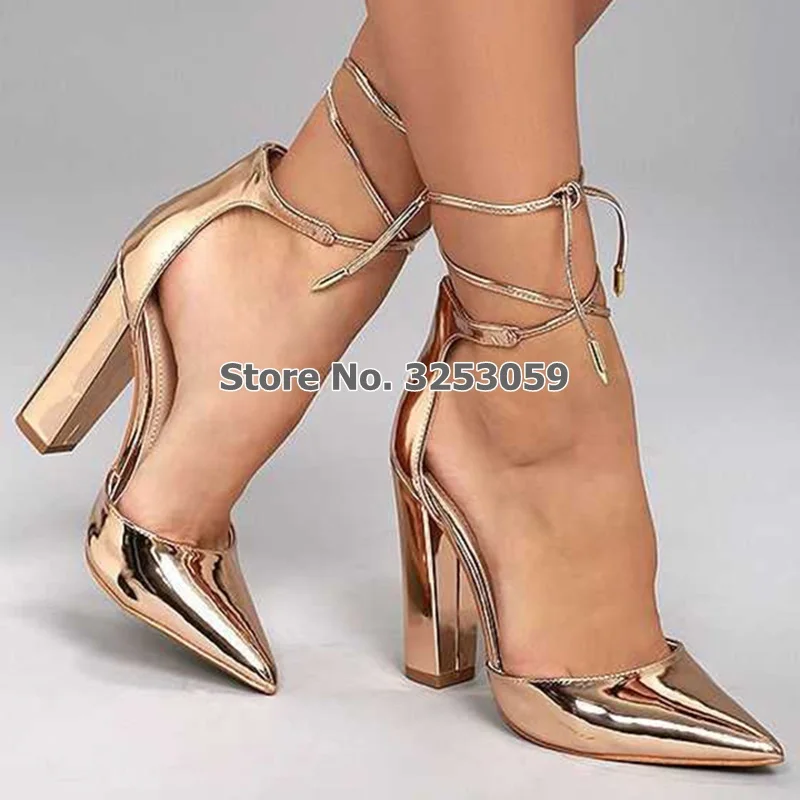 

ALMUDENA Top Brand Rose Gold Patent Leather Pointed Toe Pumps Chunky Heel Lace-up Dress Shoes Dropship Banquet Wedding Heels