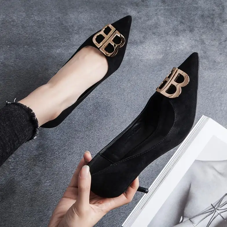 

2019 spring new shallow mouth single shoes female stiletto high heel women's shoes black wild pointed work shoes