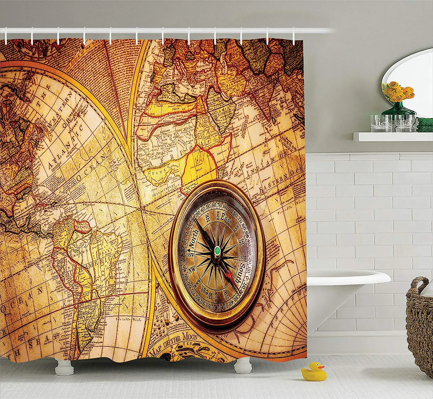 

Antique Shower Curtain Compass On An Ancient World Map Historic Borders Century-Old Antiquity Bathroom Decor