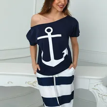 Long Summer Dress 2019 Woman Loose Casual Dress Print Blue Striped T Shirt Dress Open Shoulder Two Piece Ladies Long Dresses open shoulder mini vertical striped dress