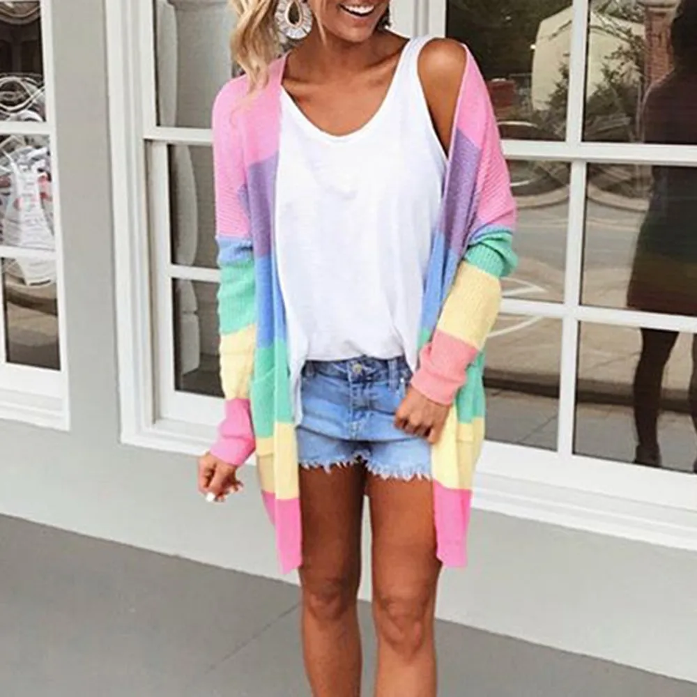 Autumn Sweater Women Long Sleeve Patchwork Knitted Open Front Rainbow Striped Cardigan Women Coat sueter mujer invierno 2019 Autumn Sweater Women Long Sleeve Patchwork Knitted Open Front Rainbow Striped Cardigan Women Coat sueter mujer invierno 2019