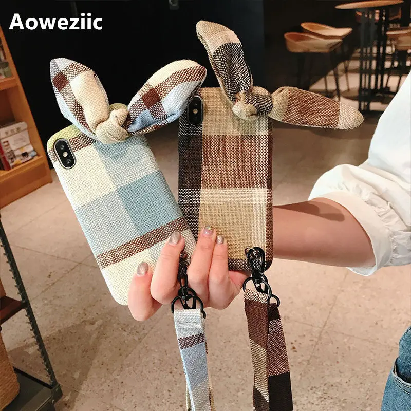 

Aoweziic Autumn and winter plush cloth lattice for iPhoneX XS MAX XR mobile phone case 6S 8PLUS couple models soft shell lanyard