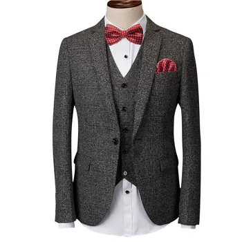 

Loldeal (jacket+pants+vest) gray men suit male suit for wedding spring casual slim fit groom party dress business plaid suit
