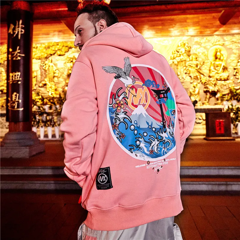 Харадзюку японский вышитый журавли флисовая бархатная Толстовка уличная Мужская хип хоп пуловер толстовки зимняя Толстовка