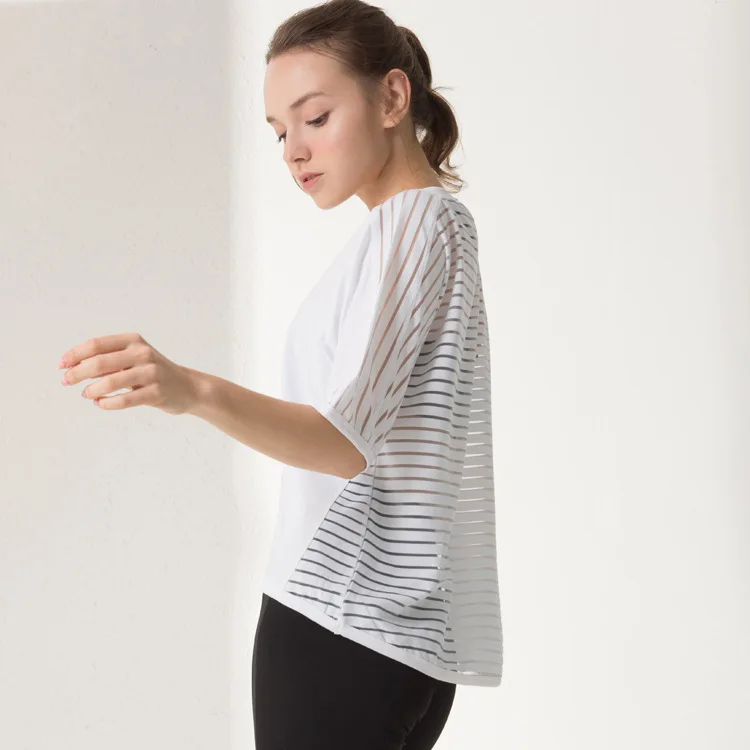

Gym Fitness Back White Black Stripe Yoga Top Tee Shirt Femme Short Sleeve Sport T-shirts Women T Shirts Sport Top Fitness Women