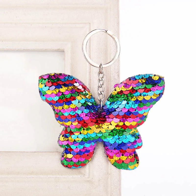 Распродажа, 1 шт., для женщин, девочек, сумка для ключей в машину, аксессуары, изысканная Русалка, кошка, ананас, звезда, уникальный милый брелок с блестками - Цвет: Butterfly Colorful