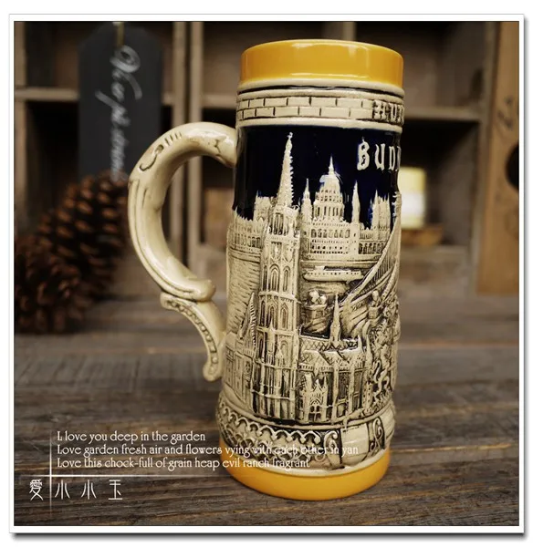 

2016 New Arrival Ceramic German Beer Mug Budapest Knight Yellow Hand Painted Mugs Embossed Pattern Coffee Cup 13*10*20cm