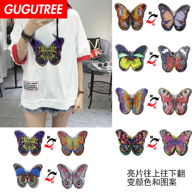 

GUGUTREE embroidery Sequins big buttlefly patches animal patches badges applique patches for clothing XC-126