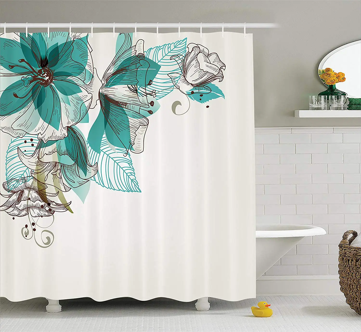 Shower Curtain Floral Decor Vintage Style Flowers Buds with Leaf Retro