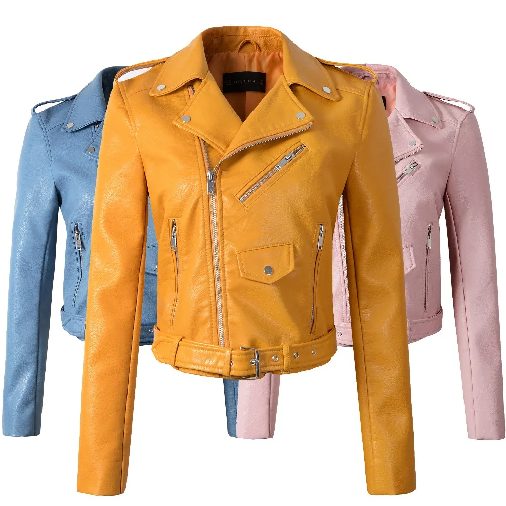 New Arrival 2018 brand Winter Autumn Motorcycle leather jackets yellow leather jacket women leather coat slim PU jacket Leather