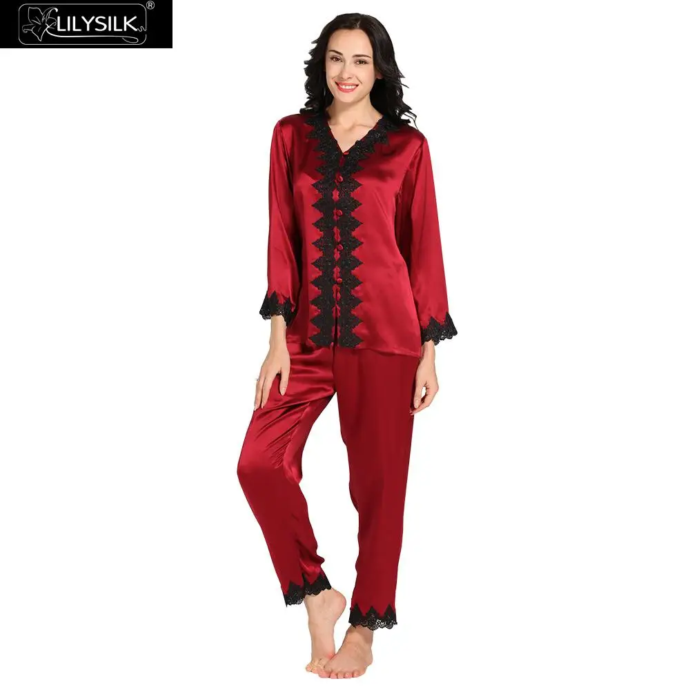 

LilySilk Pajama Set for Women Pure 100 Silk 22 momme Trousering With Long Sleeves Sleepwear Luxury Shorts Lady Free Shipping