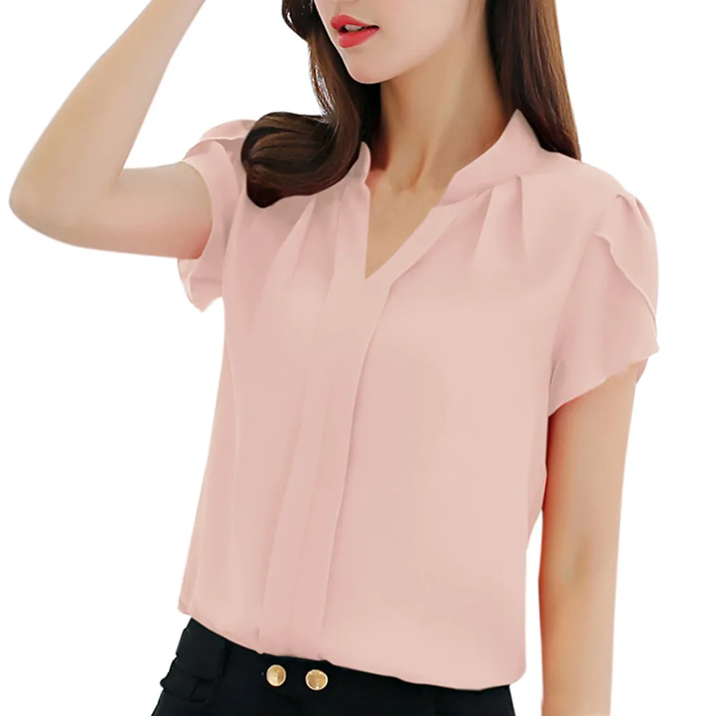 Women Chiffon Shirt2019 Women Summer Work Office V Neck Short Sleeve Solid Chiffon Blouse Plus Shirt Top