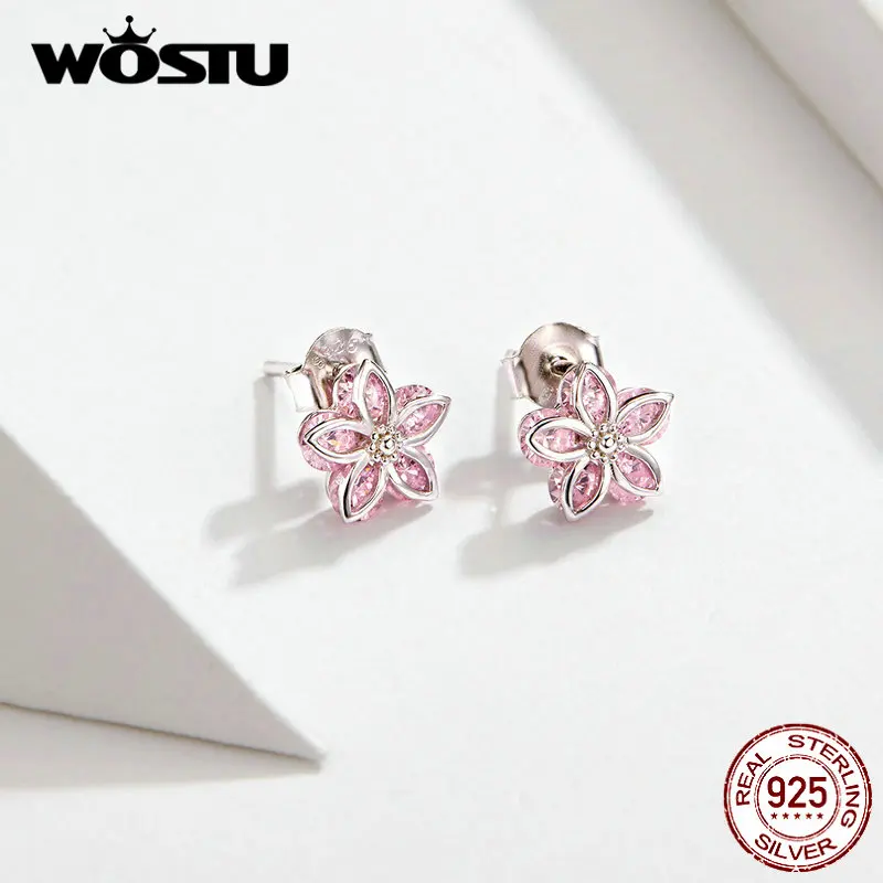 Женские серьги гвоздики с розовым кристаллом WOSTU из 100% стерлингового серебра 925