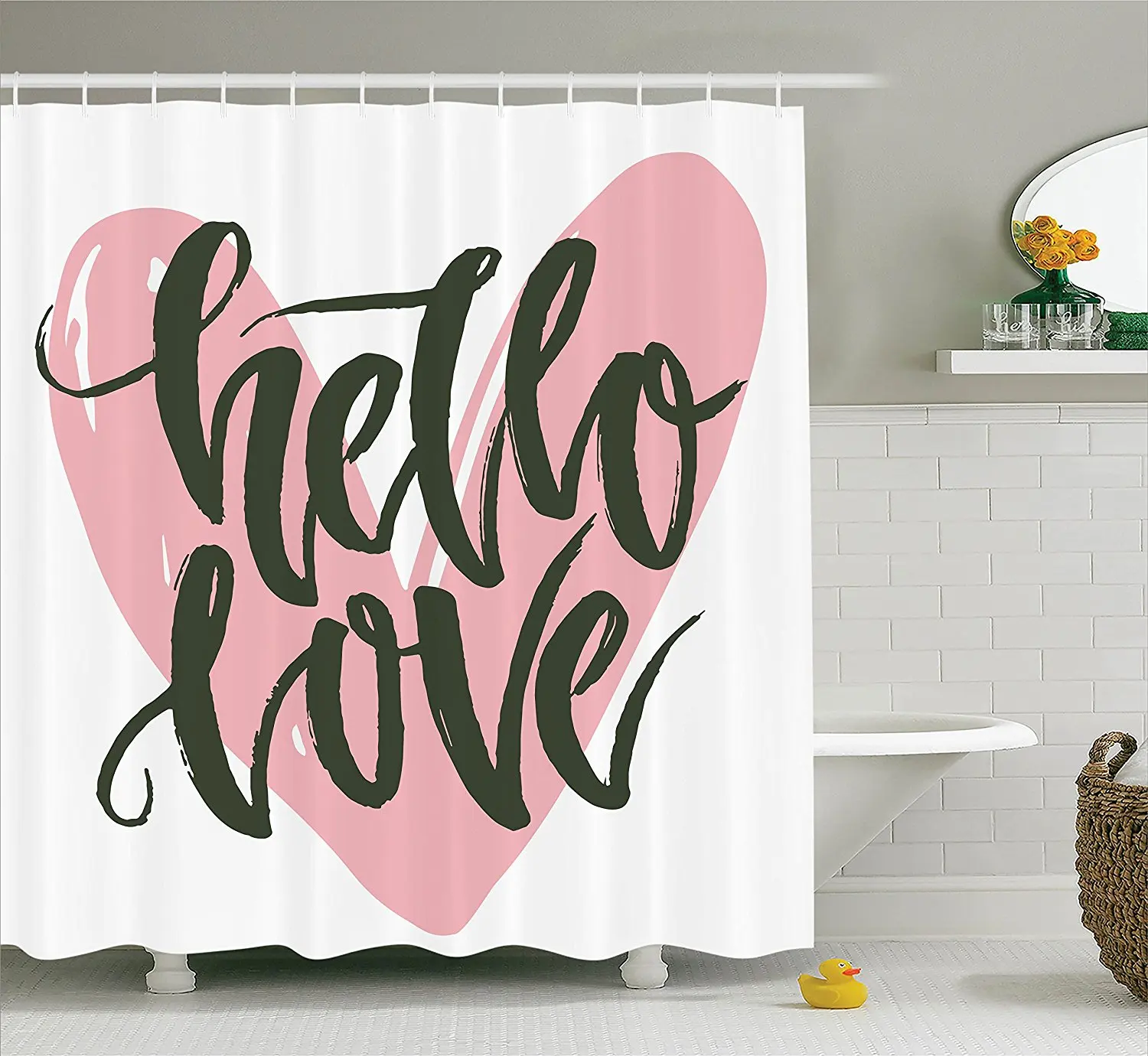 Vintage Shower Curtain Lettering Poster With A Phrase Hello Love Over